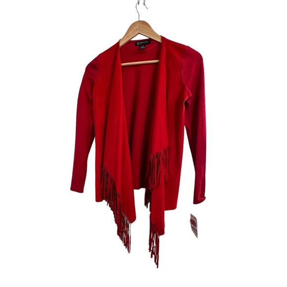 NWT INC International Concepts Red Fringe Open Front Faux Suede Cardigan‎ Petite - Picture 1 of 6